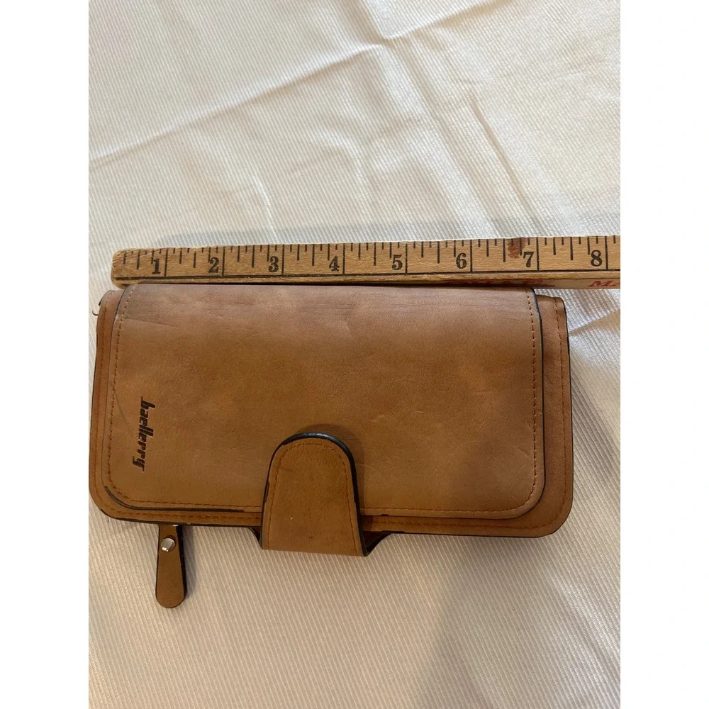 Baellerry Tan‎ Faux Leather Long Bifold Wallet Snap Zip Card Slots ID Window